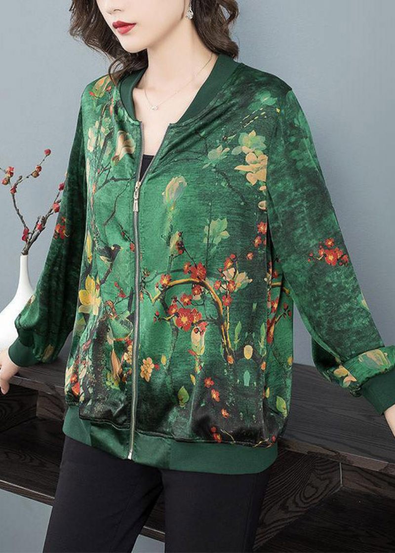 2024 Grön O-neck Print Zip Up Silk Coats Långärmad - Vinterkappor för kvinnor