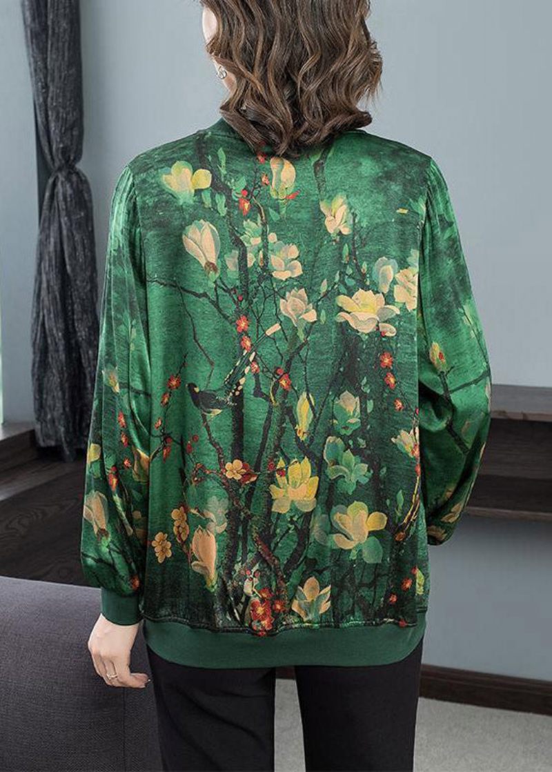 2024 Grön O-neck Print Zip Up Silk Coats Långärmad - Vinterkappor för kvinnor