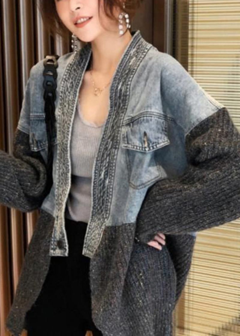 2024 Höst Vinter Ny Loose Fit Denim Splitsad Stickad Cardigan Coat - Koftor för kvinnor
