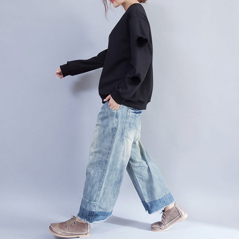 2024 Vinter Svart Fuzzy Ball Dekorerad Ylletröja Plus Size O Hals Mode Stickade Toppar - Svart