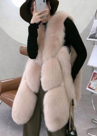 Aprikos Fox Krage Patchwork Läder Och Päls Väst Vinter