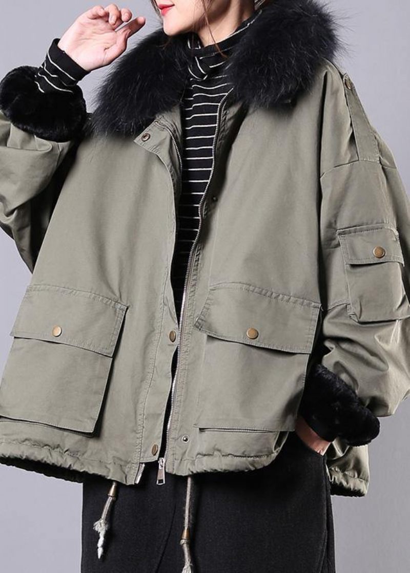 Armégrön Casual Outfit Oversize Snöjackor Fickor Fuskpälskrage Vinterkappor