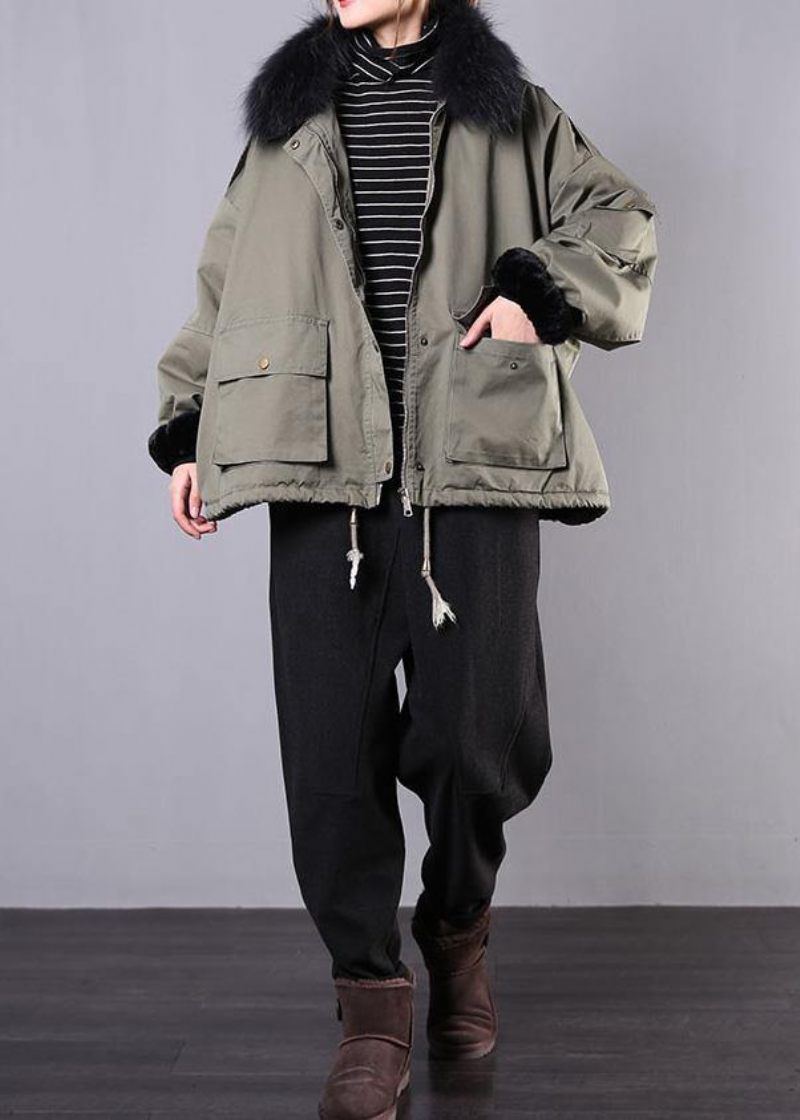 Armégrön Casual Outfit Oversize Snöjackor Fickor Fuskpälskrage Vinterkappor - Armégrön