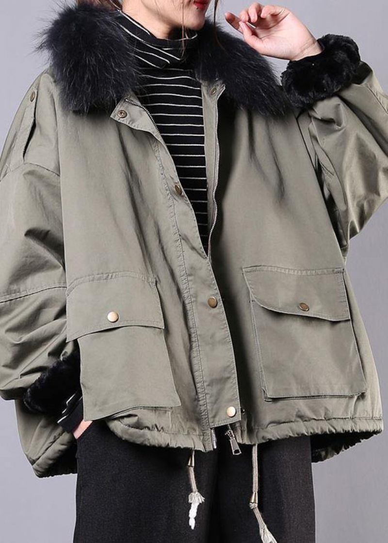 Armégrön Casual Outfit Oversize Snöjackor Fickor Fuskpälskrage Vinterkappor - Armégrön