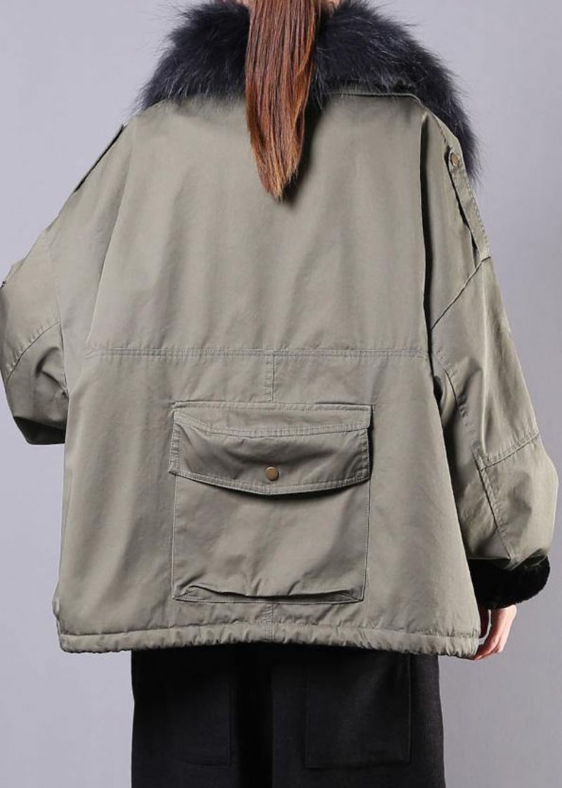 Armégrön Casual Outfit Oversize Snöjackor Fickor Fuskpälskrage Vinterkappor - Armégrön