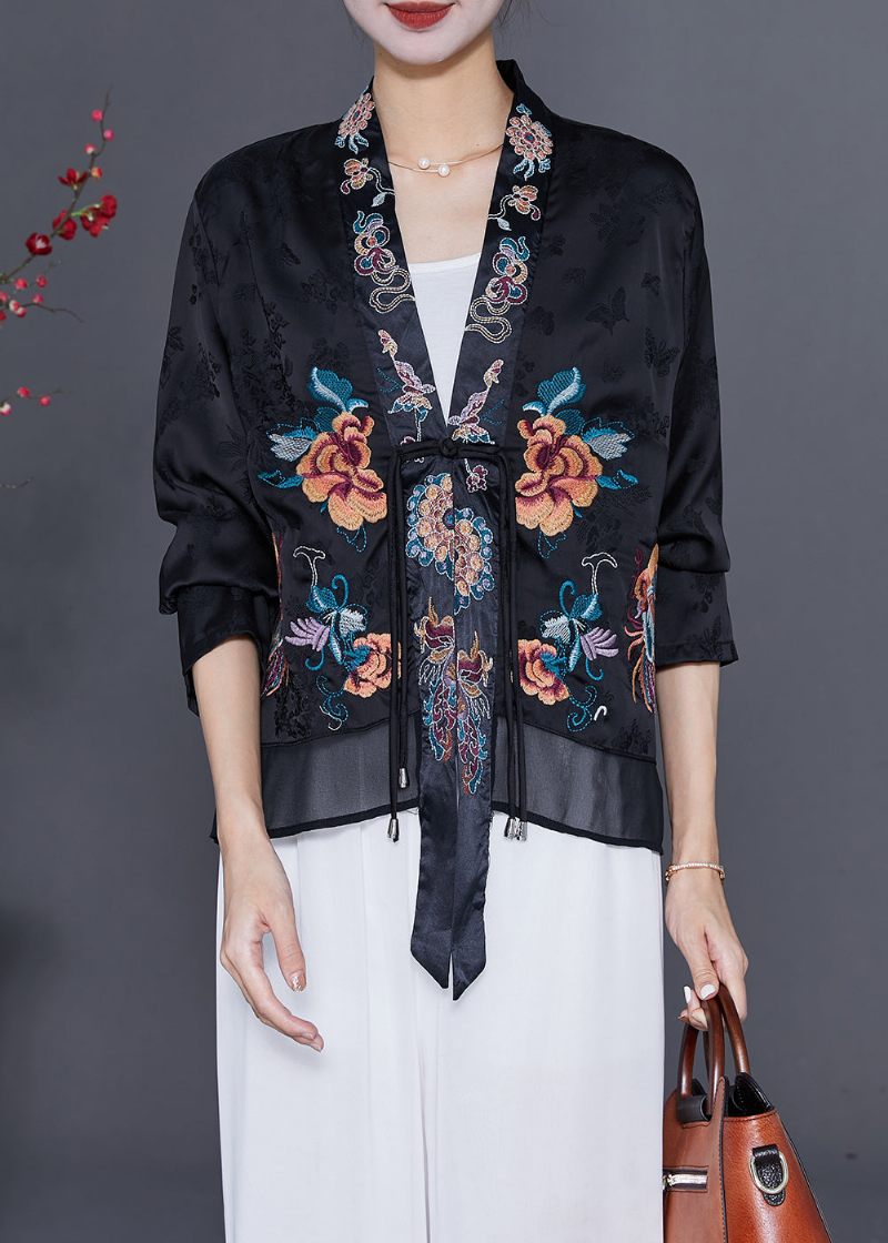 Art Black Brodered Chinese Button Tofs Silk Cardigan Fall - Koftor för kvinnor