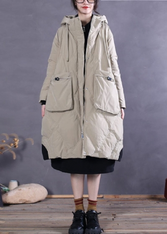 Art Khaki Hooded Pockets Duck Down Vinterdunkappa