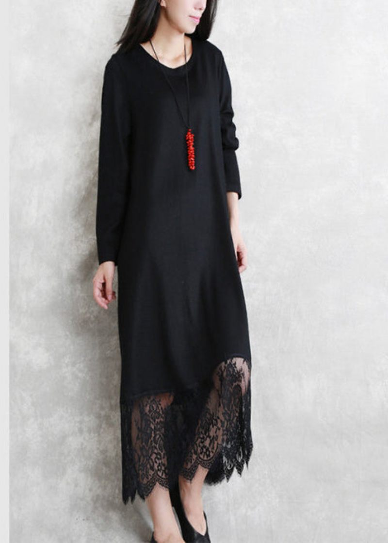 Baggy Svarta Långa Ullblandade Klänningar Casual O-ringad Patchwork Reseklänning Elegant Långärmad Spets Höstklänning - Ullrockar för kvinnor