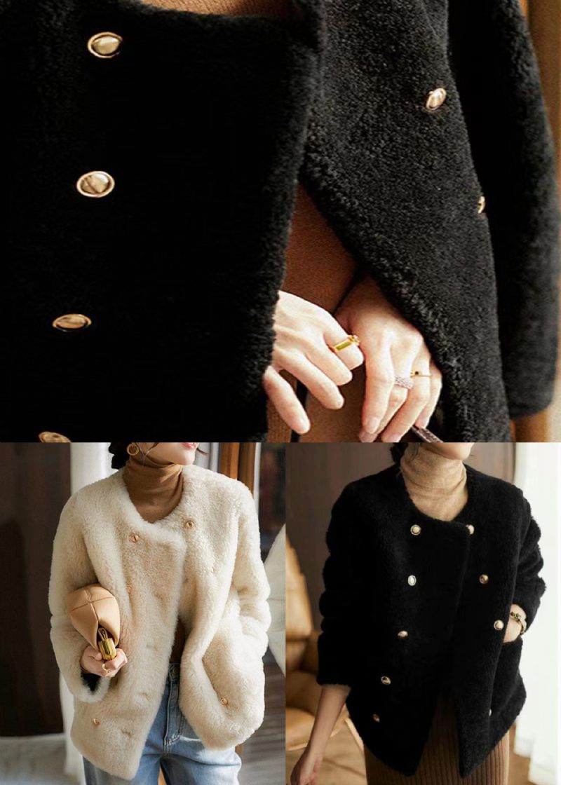Beige Fickor Patchwork Ullrockar O-halsknapp Vinter - Vinterkappor för kvinnor
