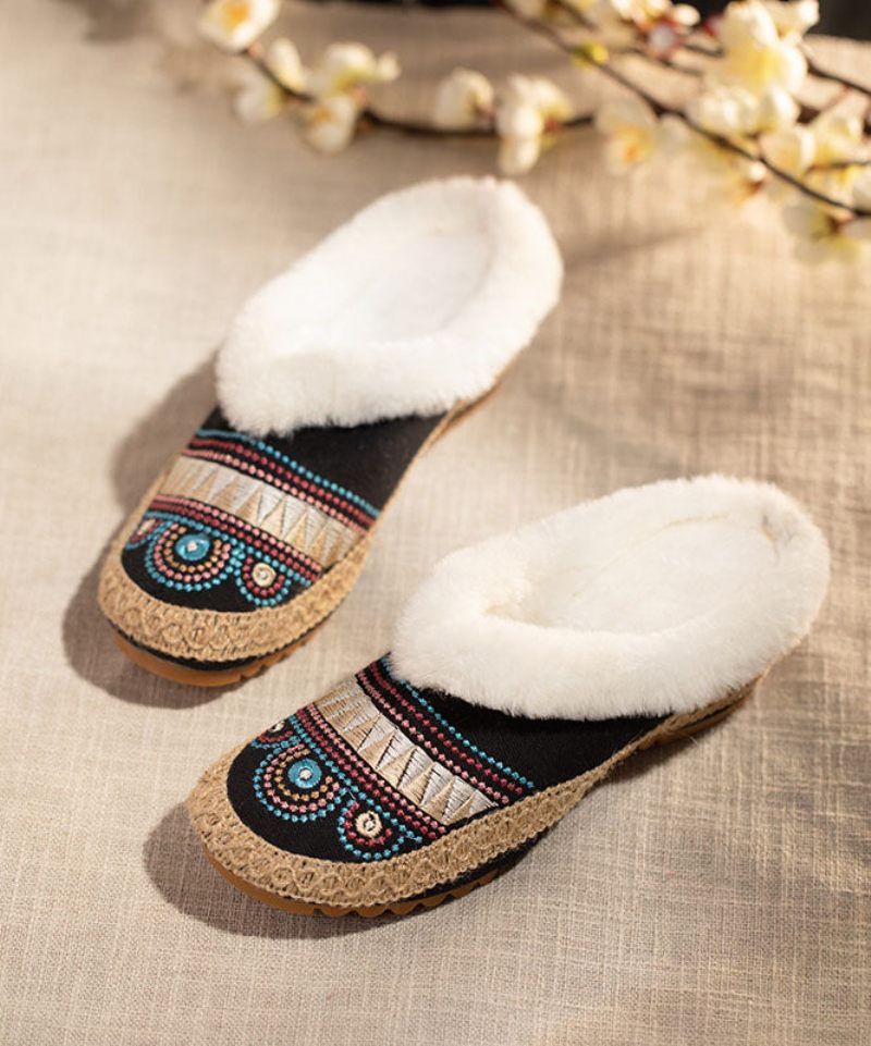 Bekväm Splicing Dam Beige Fuzzy Wool Fodrade Tofflor Skor - Ullrockar för kvinnor