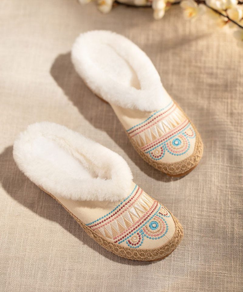 Bekväm Splicing Dam Beige Fuzzy Wool Fodrade Tofflor Skor - Ullrockar för kvinnor