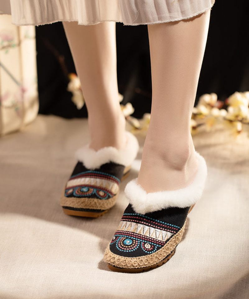 Bekväm Splicing Dam Beige Fuzzy Wool Fodrade Tofflor Skor - Ullrockar för kvinnor