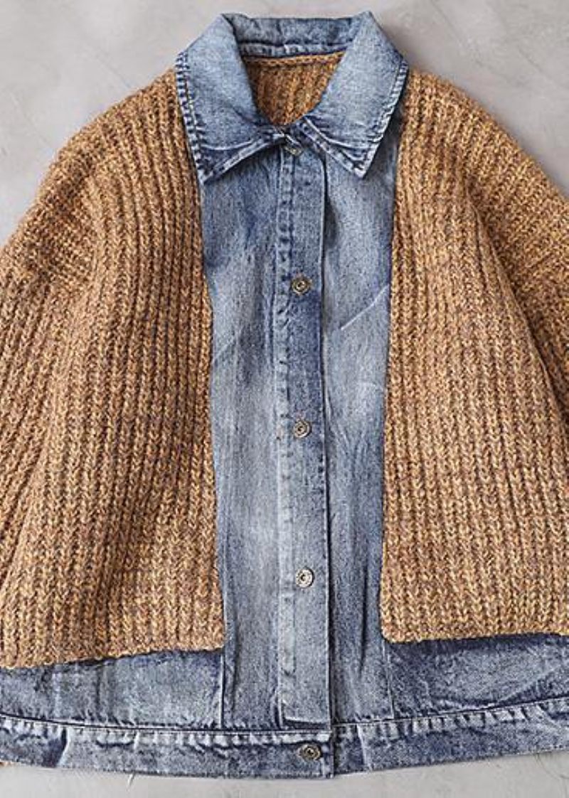Bekväma Lapptäckta Khakistickade Toppar Oversize Stickad Blus Med Lapelkrage - Blå