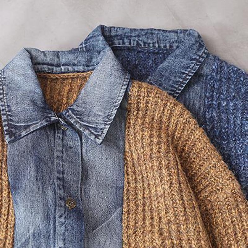 Bekväma Lapptäckta Khakistickade Toppar Oversize Stickad Blus Med Lapelkrage - Blå