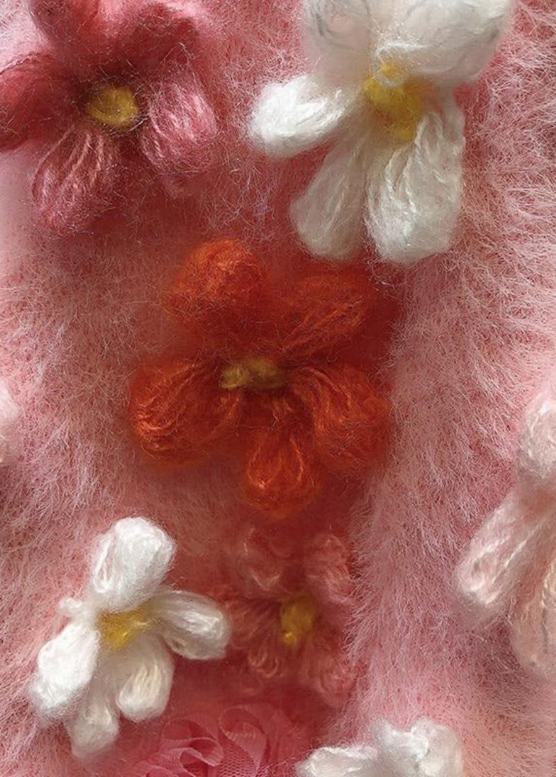 Blommig Rosa Nagelpärla Tyll Patchwork Stickade Koftor Vår - Koftor för kvinnor