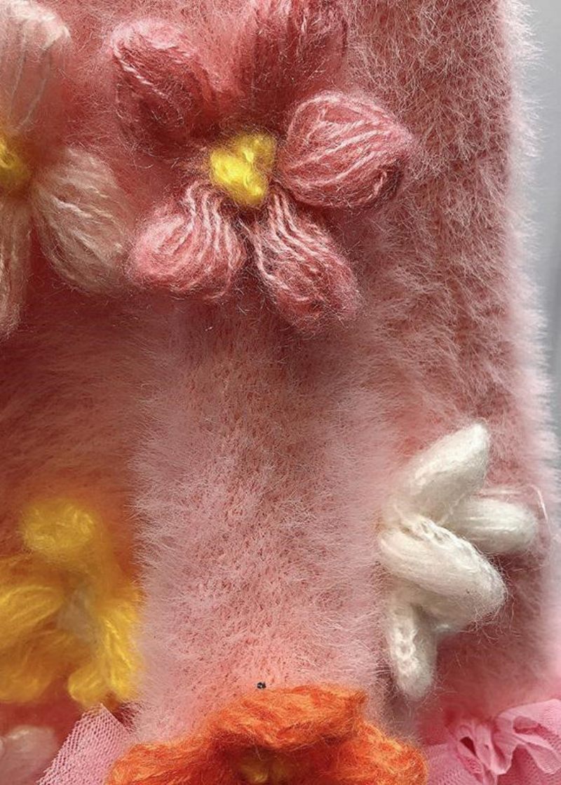 Blommig Rosa Nagelpärla Tyll Patchwork Stickade Koftor Vår - Koftor för kvinnor