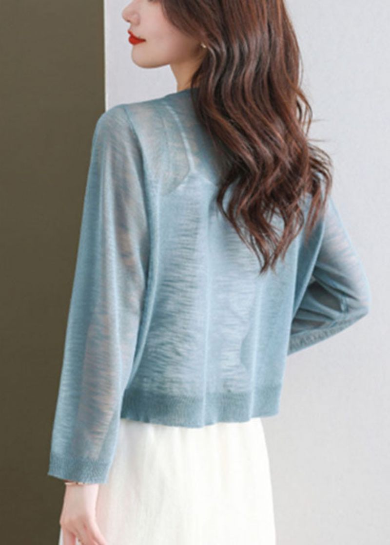 Blue Hollow Out Ice Size Stickade Cardigans Långärmad - Blå