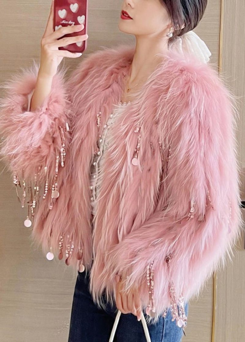 Bohemian Beige Paljetter Tofs Mink Hårrockar Vinter - Beige