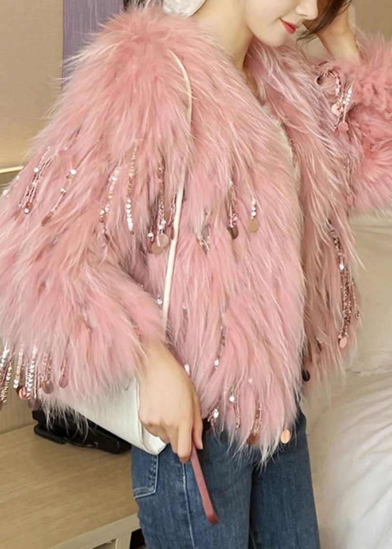 Bohemian Beige Paljetter Tofs Mink Hårrockar Vinter - Beige