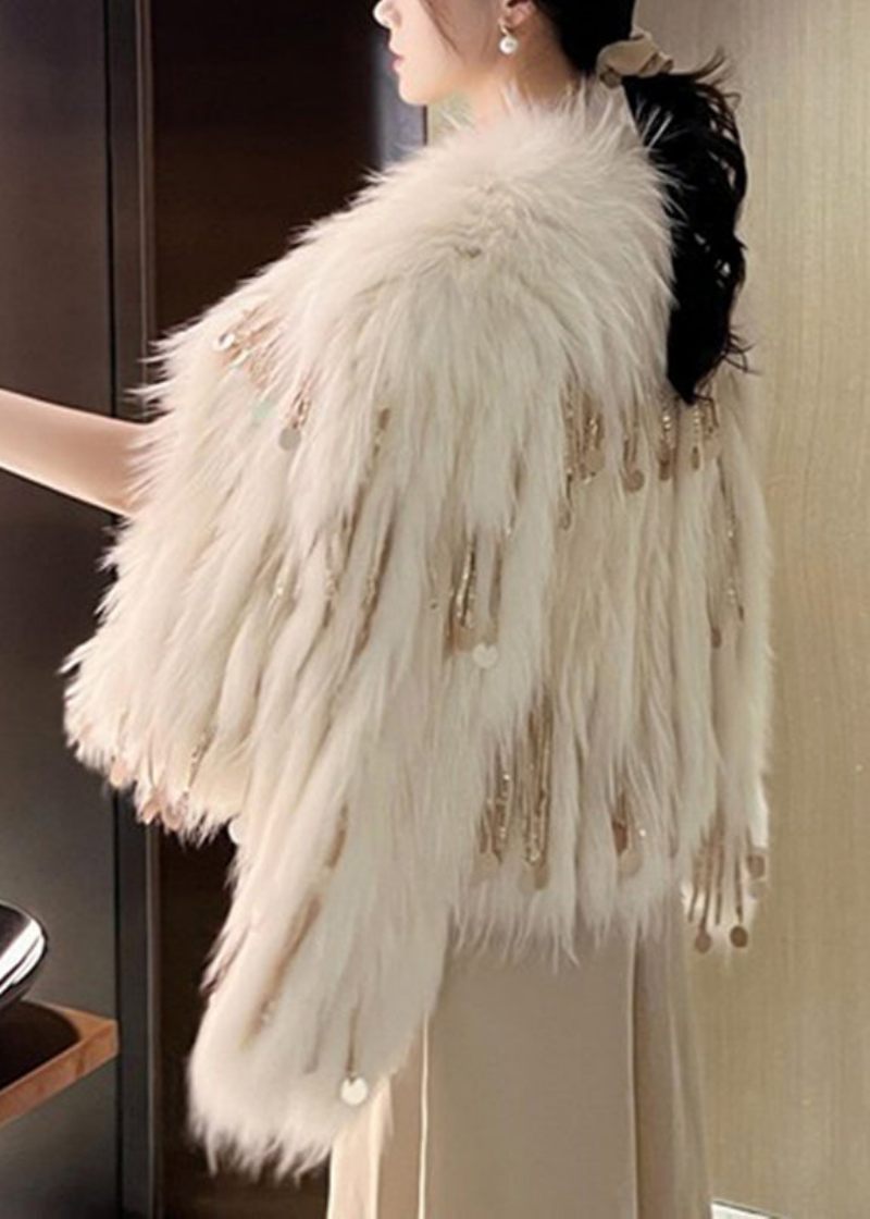 Bohemian Beige Paljetter Tofs Mink Hårrockar Vinter - Beige