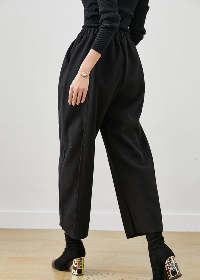 Bohemian Black Oversized Elastisk Midja Woolen Crop Pants Spring - Ullrockar för kvinnor