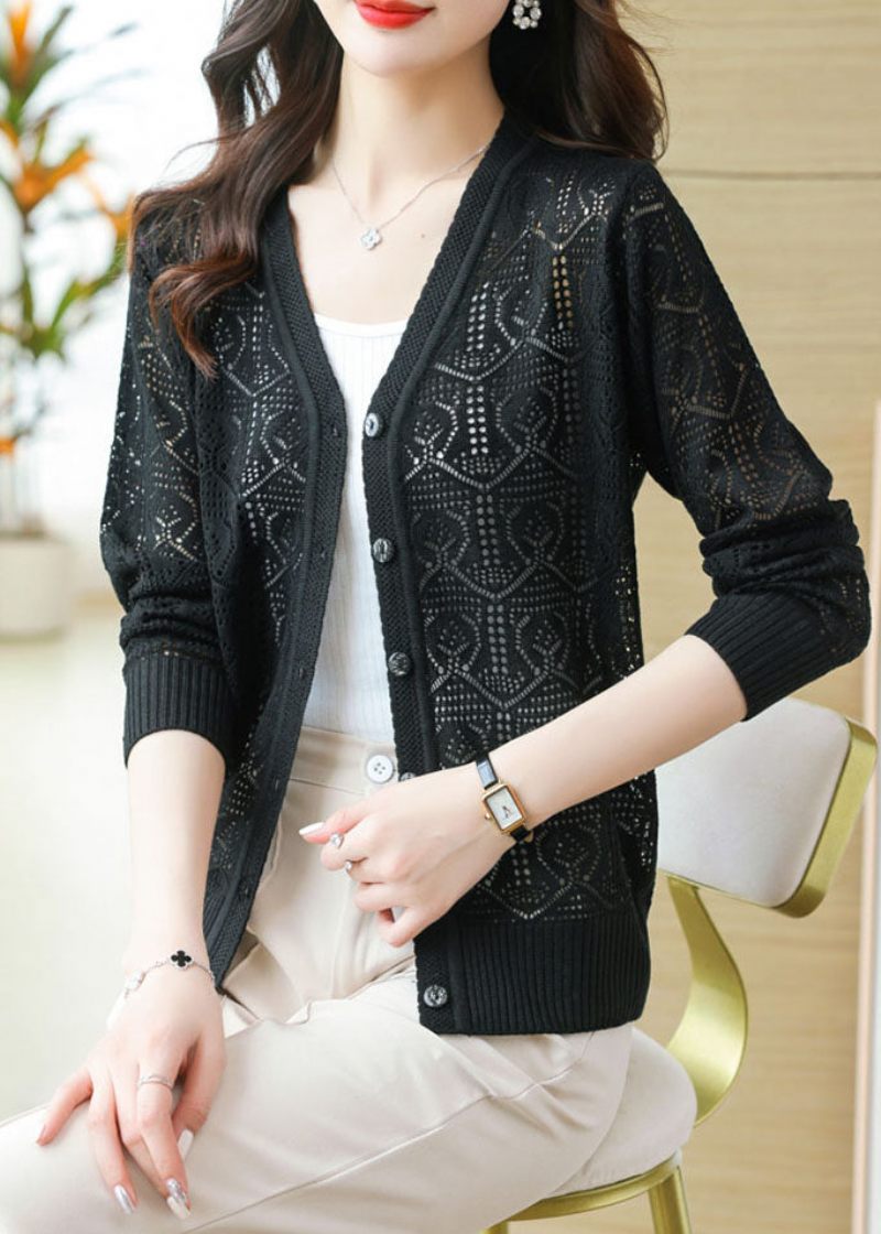 Bohemian Black V-hals Solid Ice Storlek Stickade Cardigans Sommar - Svart