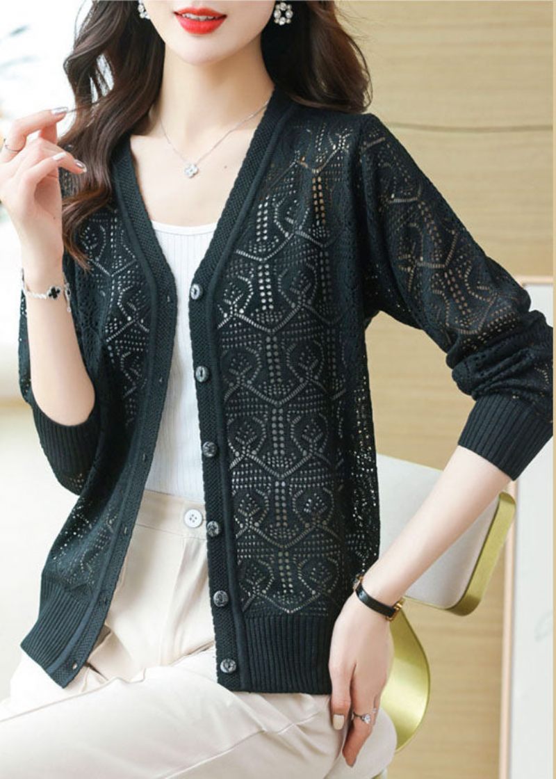 Bohemian Black V-hals Solid Ice Storlek Stickade Cardigans Sommar - Svart