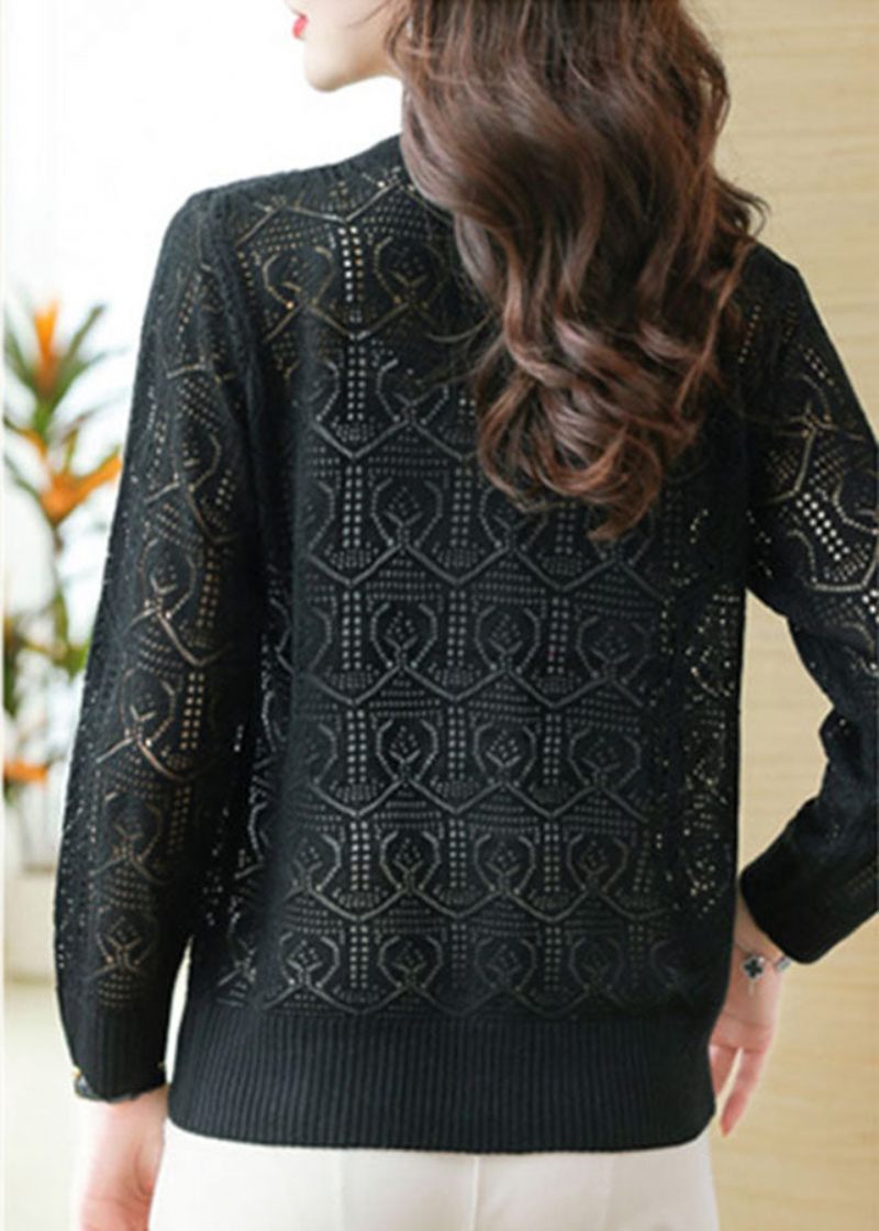 Bohemian Black V-hals Solid Ice Storlek Stickade Cardigans Sommar - Svart