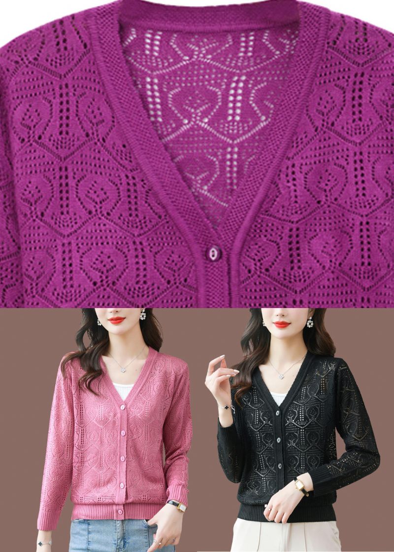 Bohemian Black V-hals Solid Ice Storlek Stickade Cardigans Sommar - Svart