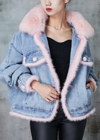 Bohemian Blue Raccoon Hårkrage Patchwork Fina Bomullsfyllda Jeansjackor Vinter