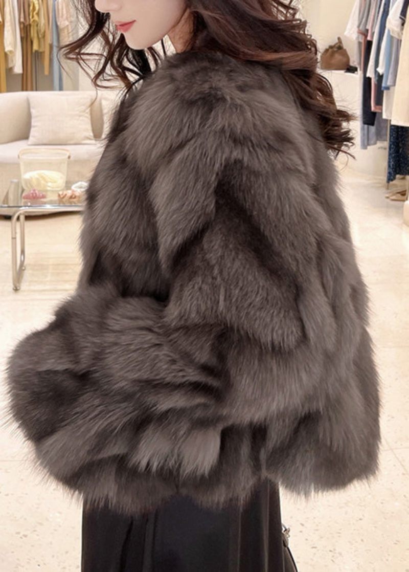 Bohemian Cocoa Color O-neck Fuzzy Fur Fluffigt Läder Och Pälsrockar Vinter - Vinterkappor för kvinnor