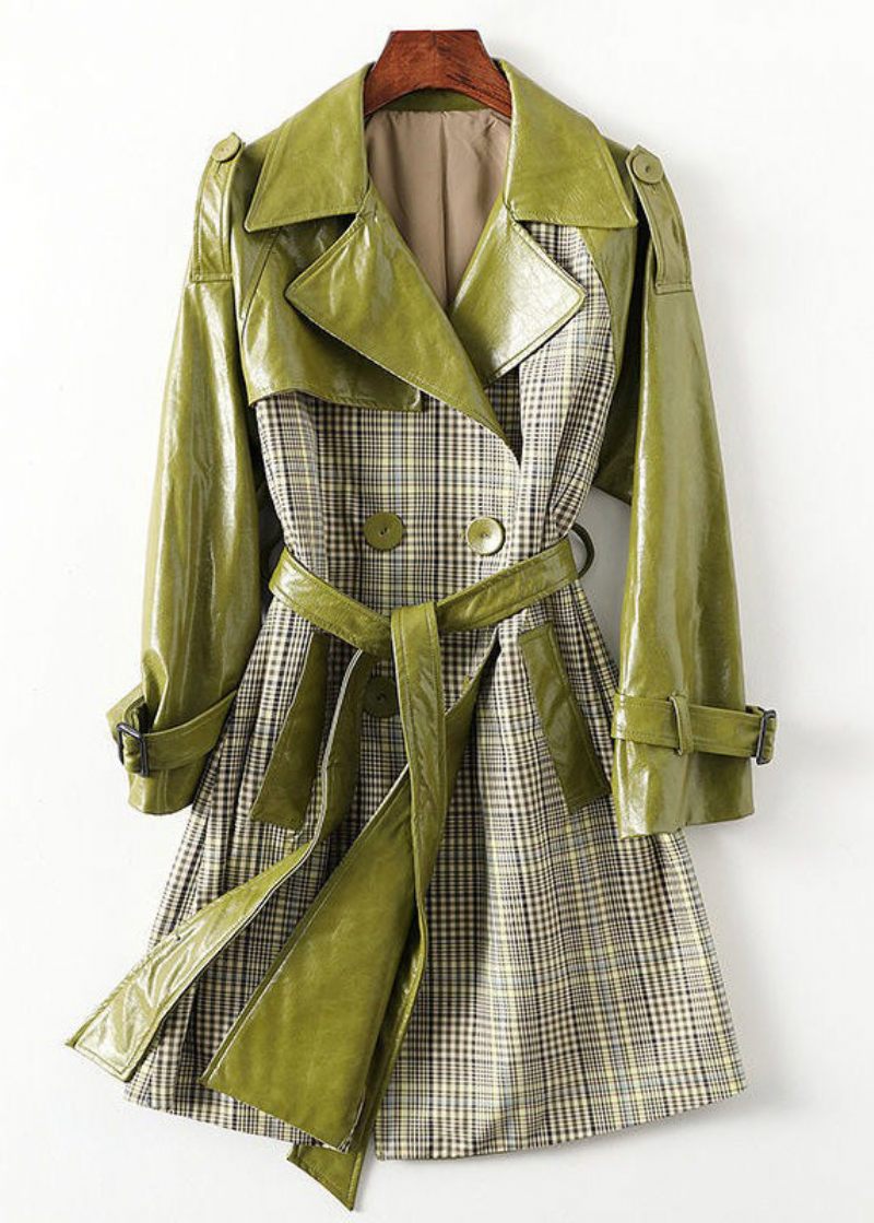 Bohemian Green Peter Pan Krage Randig Patchwork Tie Midja Knappfickor Läder Trench Coats Långärmad