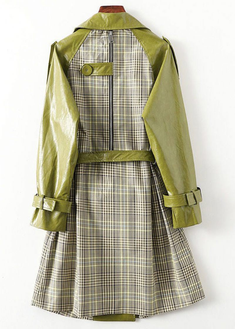 Bohemian Green Peter Pan Krage Randig Patchwork Tie Midja Knappfickor Läder Trench Coats Långärmad - Trenchcoats för kvinnor