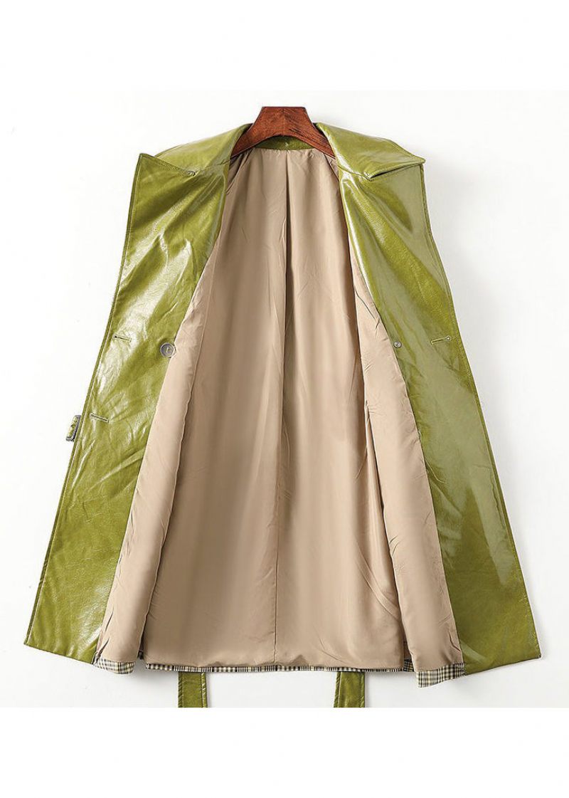 Bohemian Green Peter Pan Krage Randig Patchwork Tie Midja Knappfickor Läder Trench Coats Långärmad - Trenchcoats för kvinnor