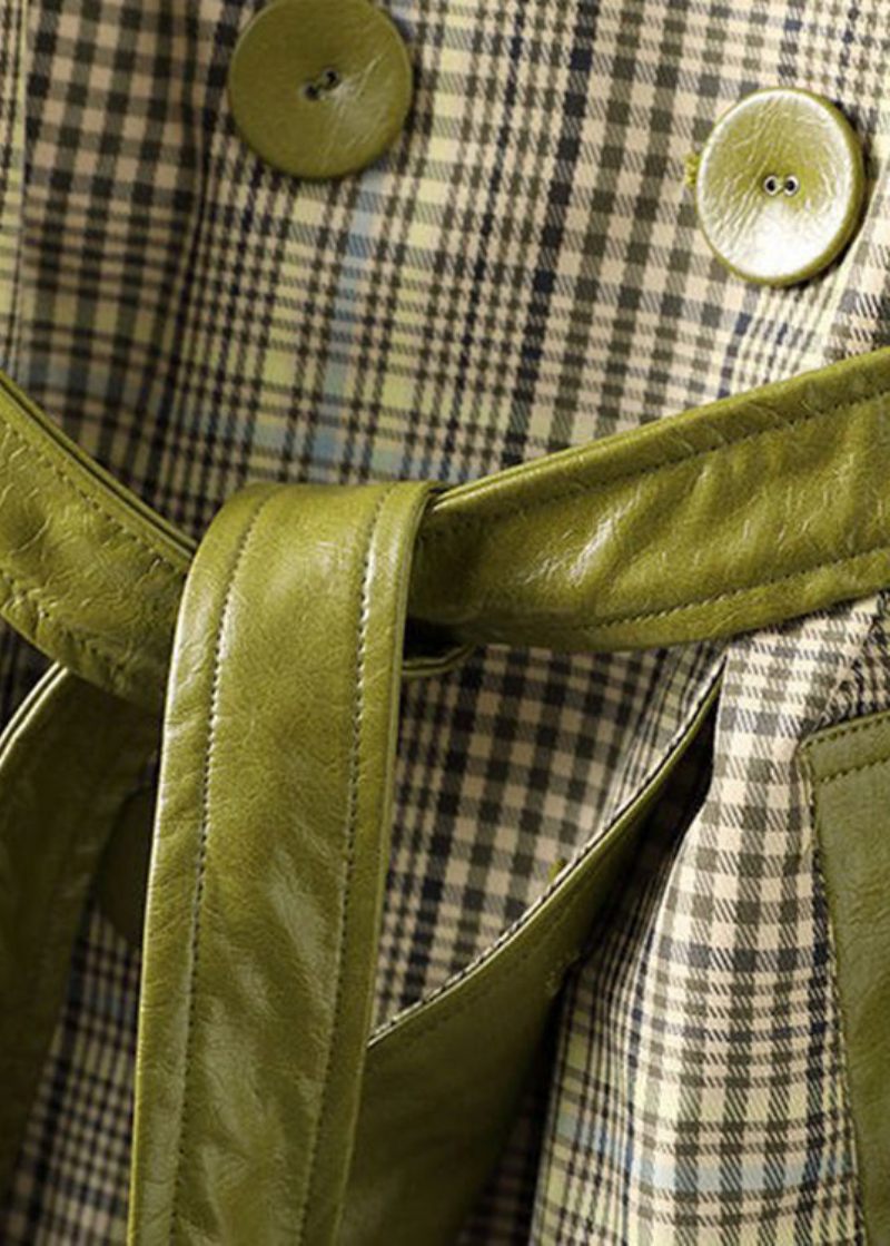Bohemian Green Peter Pan Krage Randig Patchwork Tie Midja Knappfickor Läder Trench Coats Långärmad - Trenchcoats för kvinnor