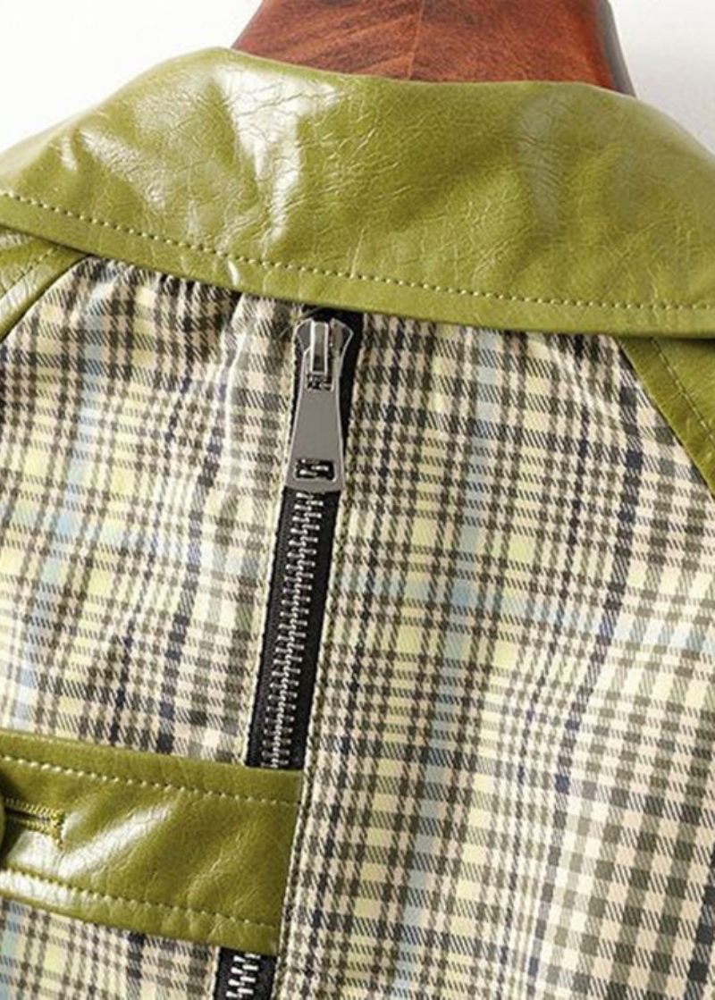 Bohemian Green Peter Pan Krage Randig Patchwork Tie Midja Knappfickor Läder Trench Coats Långärmad - Trenchcoats för kvinnor