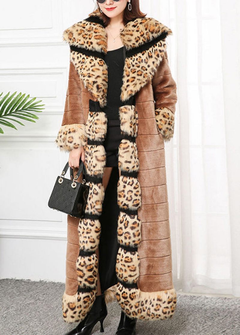 Bohemian Khaki Fox Krage Patchwork Leopard Faux Fur Coat Vinter - Vinterkappor för kvinnor