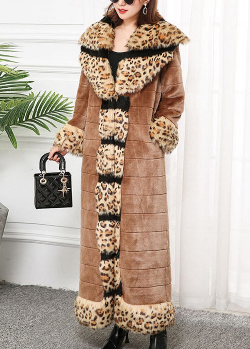Bohemian Khaki Fox Krage Patchwork Leopard Faux Fur Coat Vinter - Vinterkappor för kvinnor