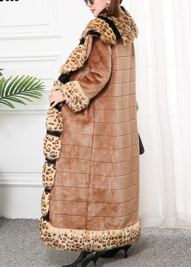 Bohemian Khaki Fox Krage Patchwork Leopard Faux Fur Coat Vinter - Vinterkappor för kvinnor