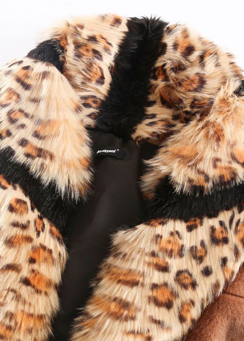 Bohemian Khaki Fox Krage Patchwork Leopard Faux Fur Coat Vinter - Vinterkappor för kvinnor