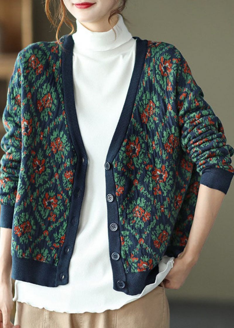 Bohemian Marinblå V-ringad Stickad Cardigan Vinter