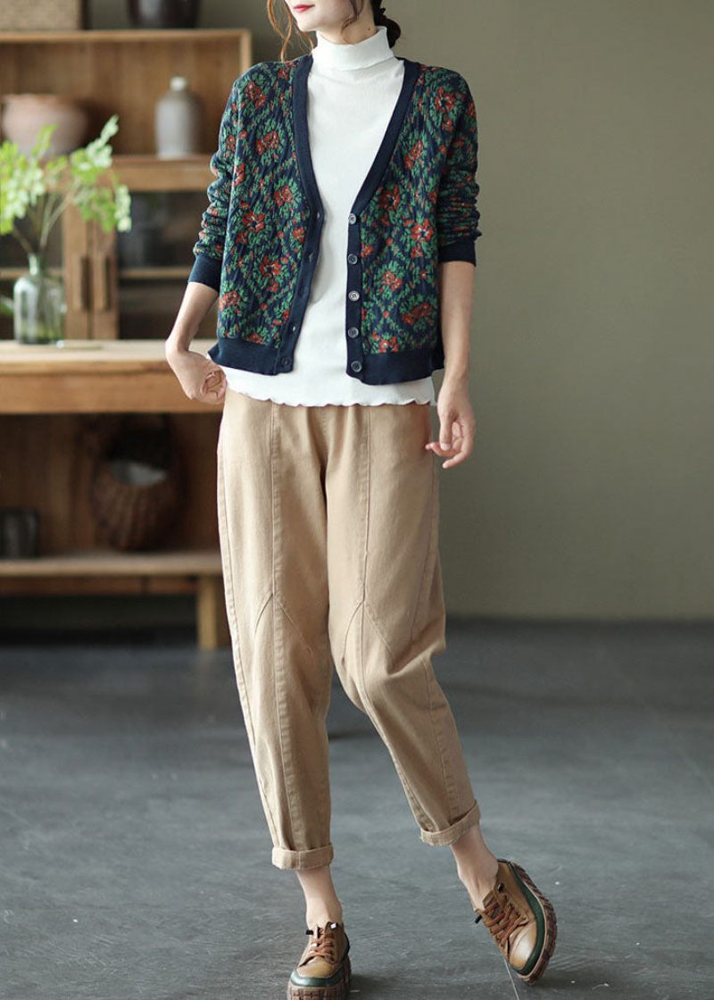 Bohemian Marinblå V-ringad Stickad Cardigan Vinter - Koftor för kvinnor