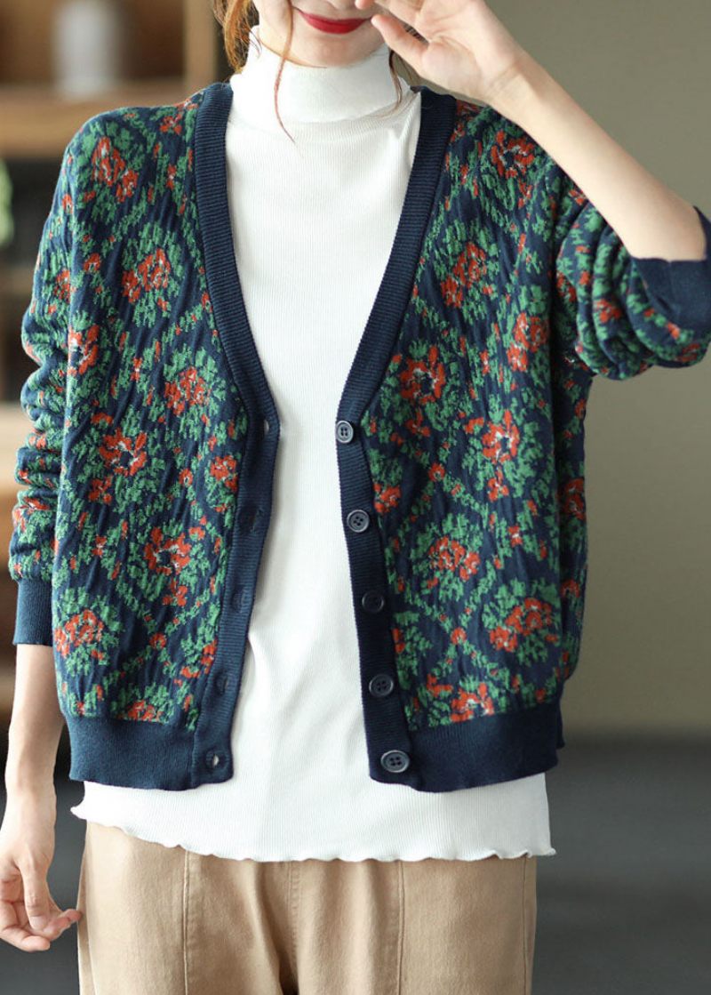 Bohemian Marinblå V-ringad Stickad Cardigan Vinter - Koftor för kvinnor