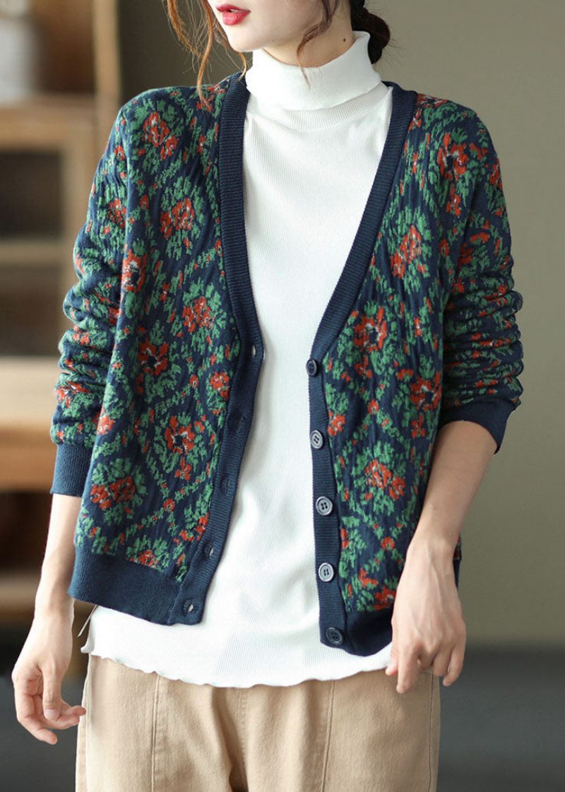Bohemian Marinblå V-ringad Stickad Cardigan Vinter - Koftor för kvinnor