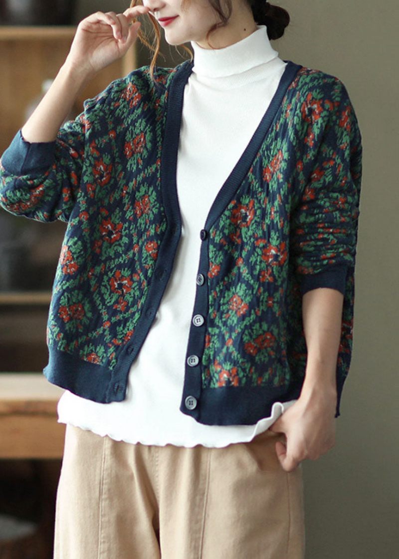 Bohemian Marinblå V-ringad Stickad Cardigan Vinter - Koftor för kvinnor