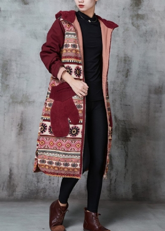 Bohemian Mulberry Hooded Print Fickor Fina Bomullsfyllda Kappor Vinter
