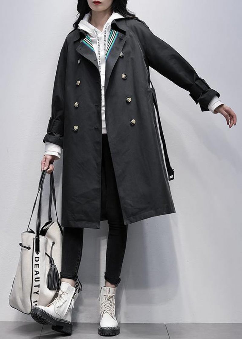 Bohemian Notched Tie Midja Fin Trenchcoat Svart Knärockar - Trenchcoats för kvinnor