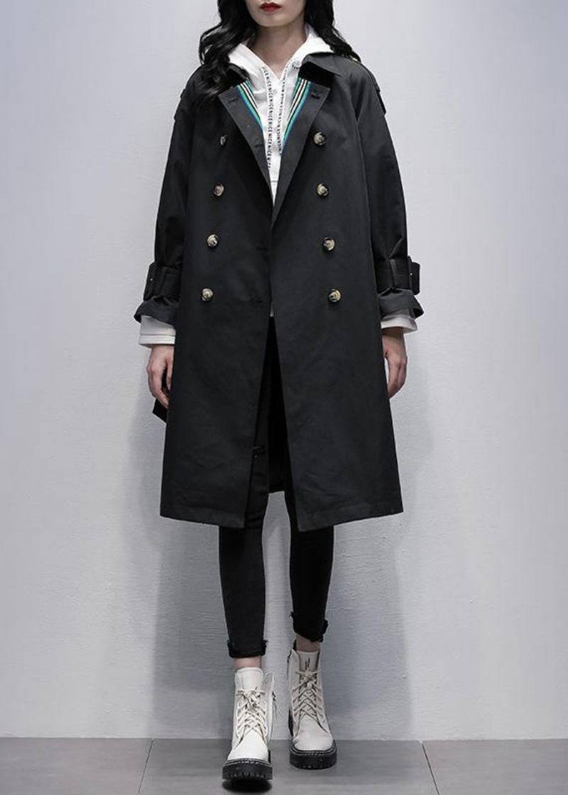 Bohemian Notched Tie Midja Fin Trenchcoat Svart Knärockar - Trenchcoats för kvinnor