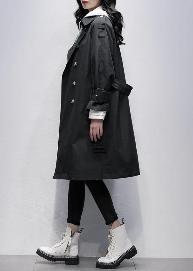 Bohemian Notched Tie Midja Fin Trenchcoat Svart Knärockar - Trenchcoats för kvinnor