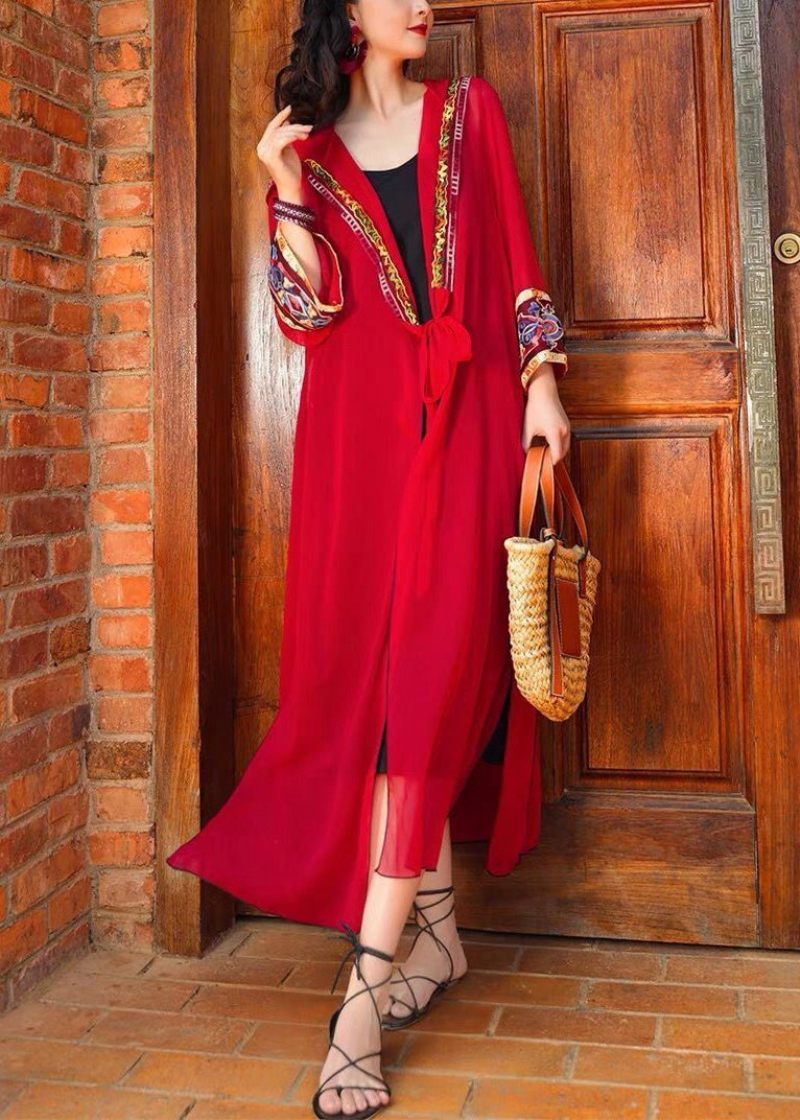 Bohemian Red Hooded Lace Up Chiffong Long Cardigans Spring - Koftor för kvinnor